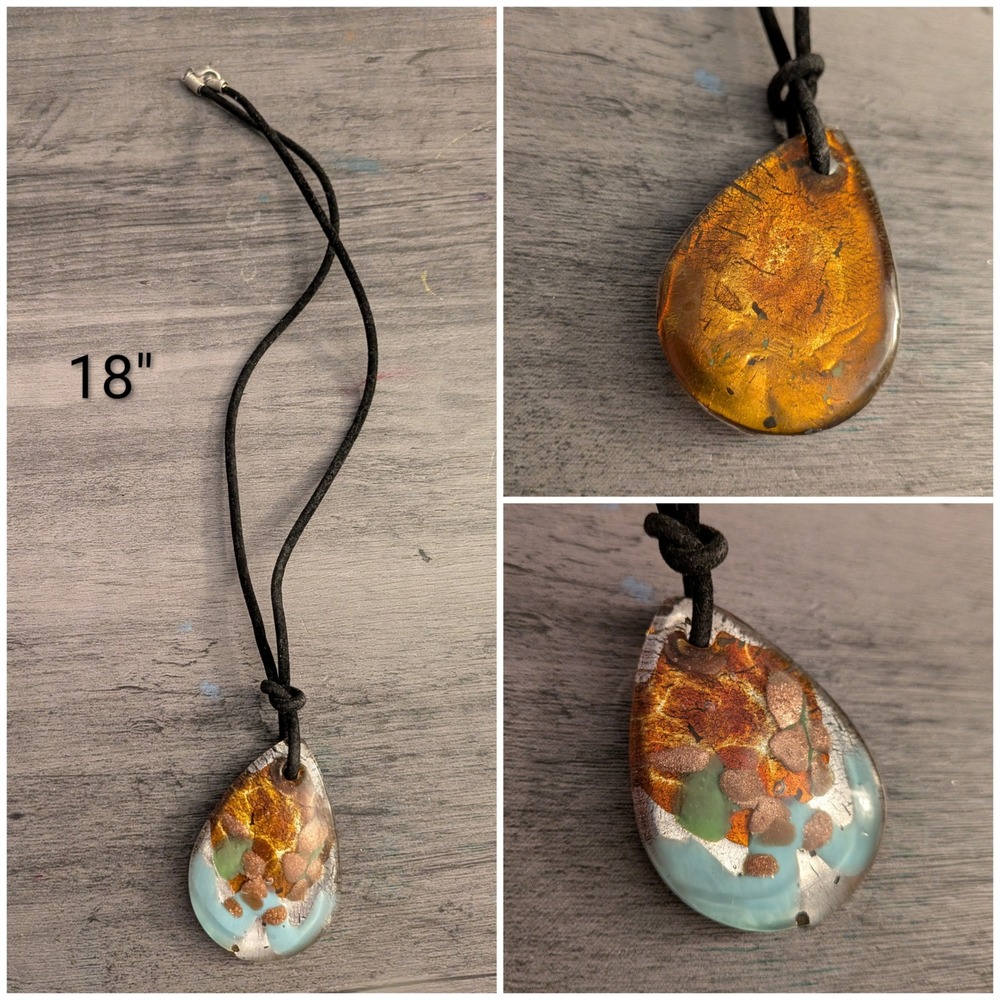 Art Glass Teardrop Pendant Necklace Gold Silver Foil Murano Style 18 Inch Cord